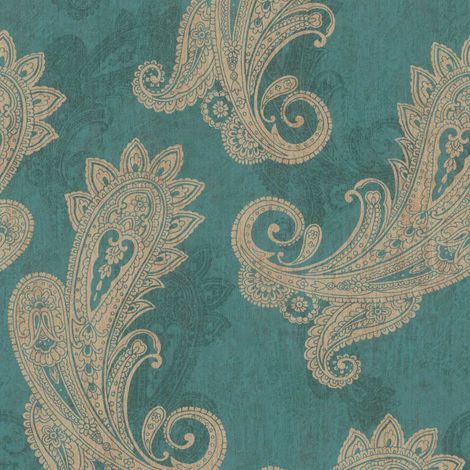 Teal Paisley Vinyl Wallpaper Beige Teardrop Pattern Feature Wall Hallway (1/4)
