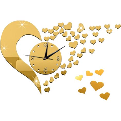Horloge murale simple en forme de cœur à faire soi-même, horloge murale en forme de cœur pour la maison, horloge murale miroir 3D en forme de cœur, stickers muraux tridimensionnels (dorés) (1/5)