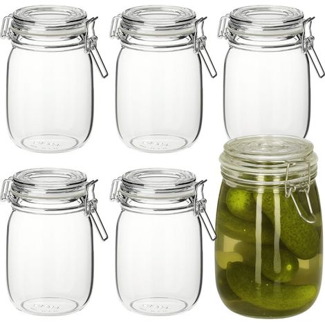 6 Barattoli in vetro tondi da 1 Litro con coperchio ermetico e chiusura a clip, ideale per conserve, marmellate e biscotti (1/5)