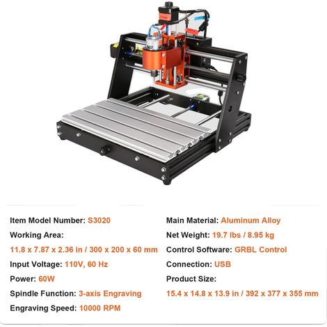 Machine de fraisage CNC, broche de 300W, grande surface de travail, 30 x 20 cm 120 W (1/2)