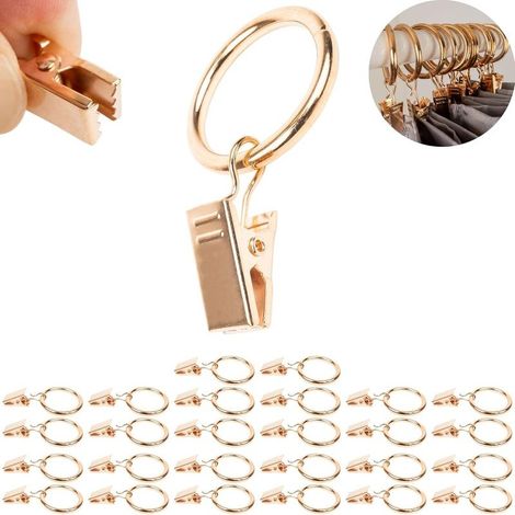 Pinces à Rideaux avec Anneaux, 30 pièces, en Couleur Or, Ø 32 mm extérieur, Ø 25 mm intérieur, Clip Rideau avec Crochet, Pince Polyvalente pour Rideaux avec Anneau, Crochets Multi usages Maison (1/5)