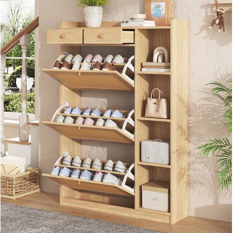 Scarpiera 90x24x130 cm, 3 ribalte in rattan, 2 cassetti e ripiani laterali aperti, pannello truciolare, naturale (1/5)