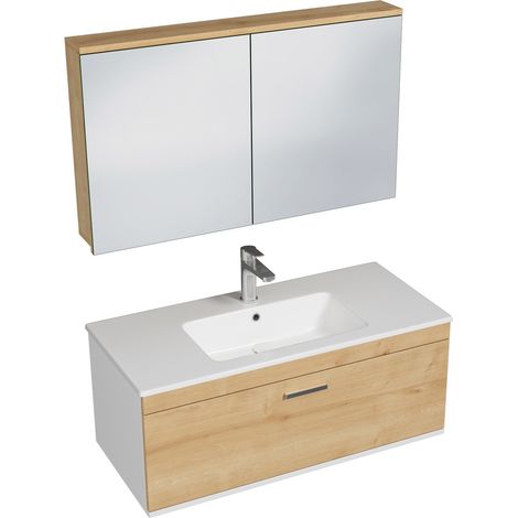 RUBITE Meuble salle de bain simple vasque 1 tiroir chêne clair largeur 100 cm + miroir armoire