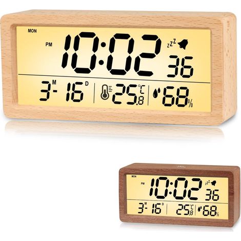 Geräuschloser digitaler Wecker aus Holz, LED-Uhr mit Datums-, Temperatur- und Luftfeuchtigkeitsanzeige, Schlummerfunktion, hellbraun (1/5)
