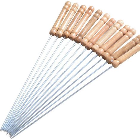 Lot de 10 aiguilles à barbecue en acier inoxydable avec manche en bois, brochettes de grillades pour cuisson en extérieur