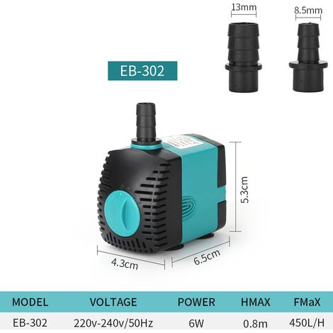 Pompe à eau submersible pour fontaine (450 L/h, 6 W) avec 2 buses, hauteur de refoulement de 0,8 m (1/4)
