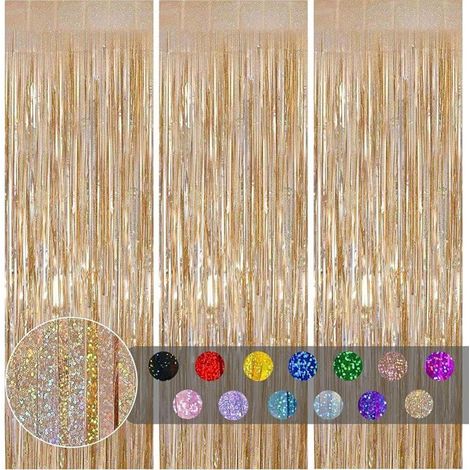 Ensemble de trois rideaux à pompons métalliques or champagne, 1 mètre x 2 mètres, rideaux à effet métallisé scintillant, rideaux or champagne décorés au laser. (1/5)