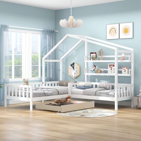 Lit cabane pour enfant avec tiroirs et étagères, bois massif avec clôture et sommier à lattes, structure en L, blanc (90x200 cm+140x70cm) (1/5)