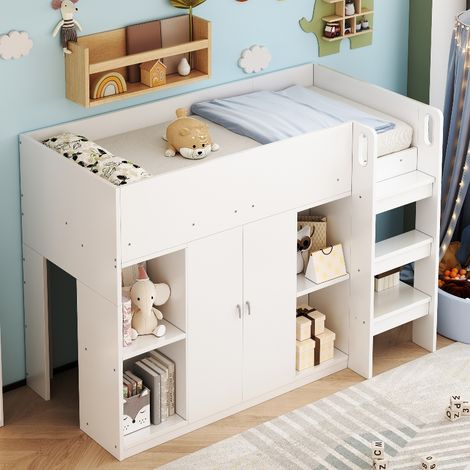 Multifunktionales Hochbett 90x200 mit Schrank und Regalen - Platzsparendes Kinderbett mit Leiter und viel Stauraum, stabiler Holzrahmen, Weiß/Grau (1/5)