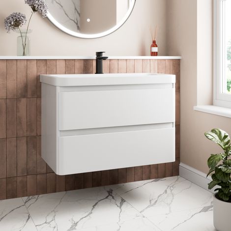 White Bathroom Furniture Vanity Unit with Basin Sink Modern Cabinet Storage 800mm Wall Hung (1/5)