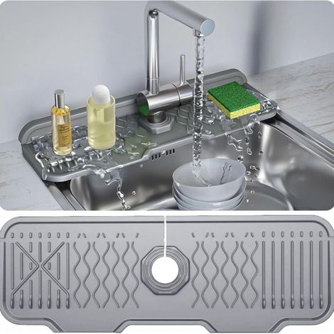 Tappetino in silicone per rubinetto da 43 x 15 cm, con inclinazione di 5 gradi, drenaggio rapido, pieghevole, accessorio indispensabile per cucina e bagno (grigio)