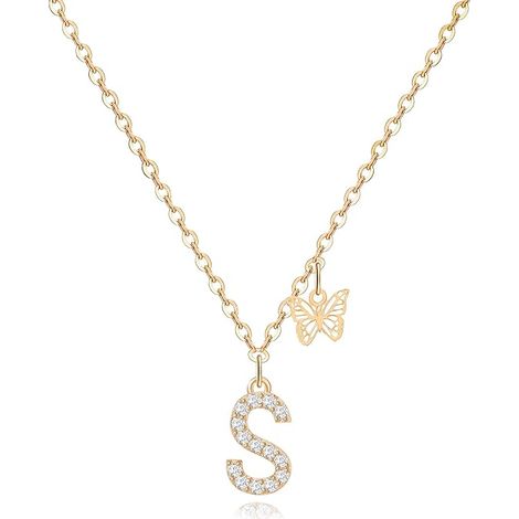 Collier délicat avec pendentif papillon et initiale, plaqué or 14 carats, orné de zirconiums cubiques. Bijou idéal comme cadeau d'anniversaire pour femme. (1/5)