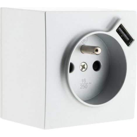 Prise saillie 2P+T avec port USB 2,4A – Installation en saillie – Puissance 3680W – Couleur gris pour intérieur moderne (1/4)