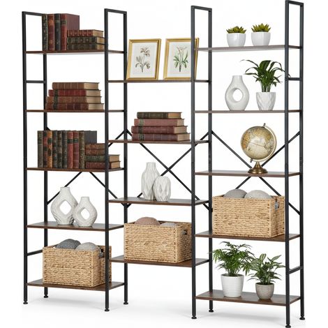 FurnitureR Bibliothèque à 14 étagères, étagères industrielles, support pour plantes dans le salon ou le couloir, 152 x 24 x 166 cm, brun vintage (1/5)