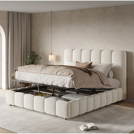 Cama canapé hidráulica 140 x 200 cm con somier de láminas, cabecero bouclé blanco DESVIAE (1/5)