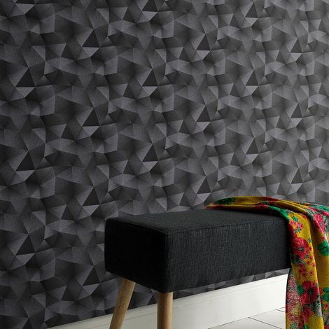 Papier peint graphique noir idéal salon tendance | Tapisserie moderne anthracite effet trompe l'oeil | Papier peint design géométrique pour bureau (1/3)