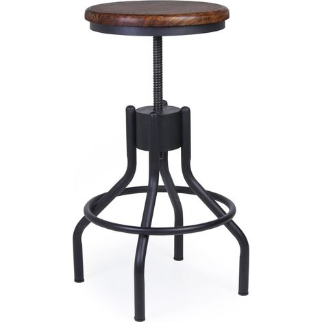 Tabouret rond industrielle hauteur réglable fer noir et bois de manguier marron Kouba (1/5)