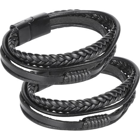 2Pcs Braided PU Leather Bracelet Magnetic Button DIY HandMade Vintage Wrist Cuff Jewelry(Black Alloy Button Black Bracelet ) (1/5)
