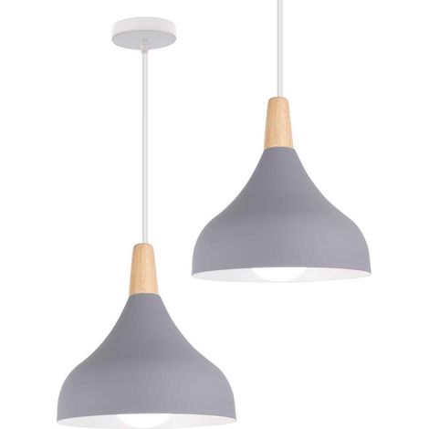 2X Lampada a Sospensione, Lampadario a Soffitto con Ø20cm Paralume Cupolo in Legno, Moderna Illuminazione con E27 Supporto per Soggiorno Camera da Letto Sala da Pranzo (Grigio)