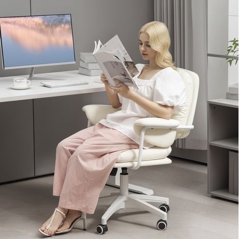 Chaise de bureau en cuir régénéré blanc, inclinable, vérin à gaz, 65x64x88-98 cm (1/5)