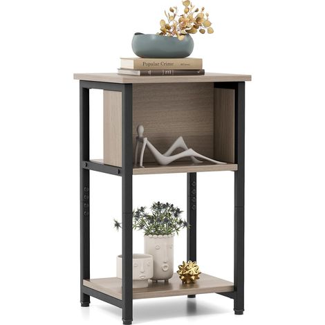 Costway – Table de chevet étroite 34 x 30 x 58,5 cm – 2 compartiments – Cadre métallique robuste – 2 ports USB et 2 prises électriques (1/5)