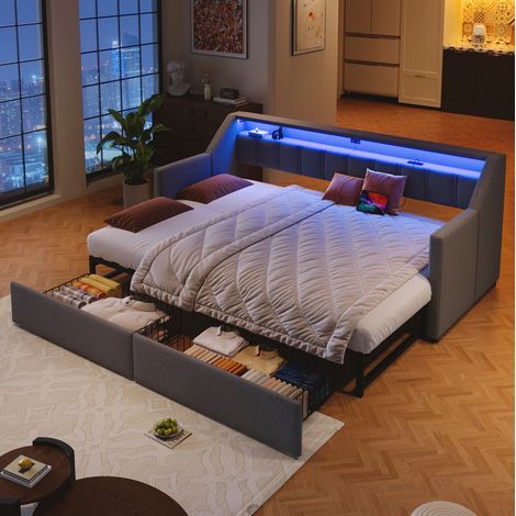 Letto con letto aggiuntivo 90x200 cm con 2 cassetti, porte USB/Type-C e illuminazione LED con telecomando, grigio, senza materasso (1/5)