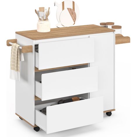 Desserte de cuisine COMI XXL avec 3 tiroirs casserolier et placard blanc et plateau façon hêtre L. 90 cm (1/5)