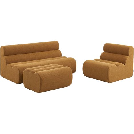 sweeek - 2-Sitzer-Sofa mit Sessel und Hocker, strukturierter Bouclé-Bezug, Strukturiertes Bouclé, Senfgelb (1/5)