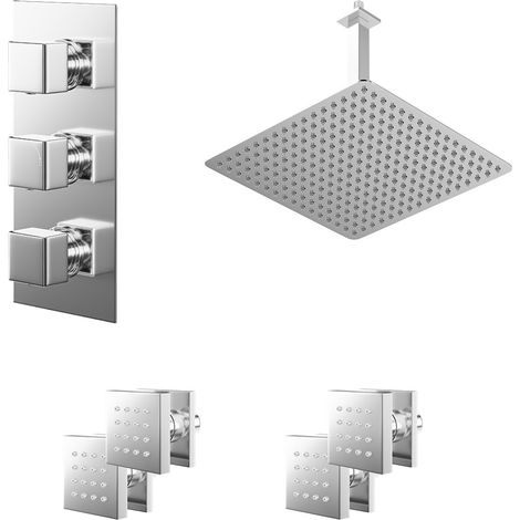 Cubix Polished Chrome Concealed Triple Thermostatic Shower Valve and 400mm Square Head with 300mm Ceiling Arm and 4 Body Jets - 2 Outlet (1/5)