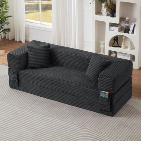 Sofá cama convertible gris oscuro en espuma con acabado acanalado y diseño cuadrado (1/5)