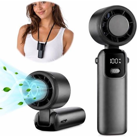 Ventilateur portable rechargeable USB, pliable, refroidissement turbo, ventilateur de cou, 199 vitesses, affichage LED, gris foncé (1/5)