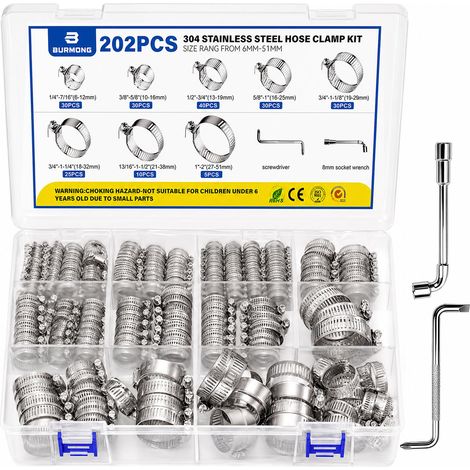 Lot de 202 Collier de Serrage Inox Set, 8 Tailles 6-51mm Collier Serrage Tuyau Réglable, Collier pour Piscine,Tuyau d'eau,Plomberie,Automobile et Mécanique, avec Clé à Douille (1/5)
