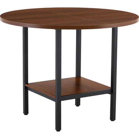 Table à manger ronde avec étagère de rangement, plateau effet noyer, cadre métal, Ø 100 cm, pour 4 à 6 personnes (1/5)
