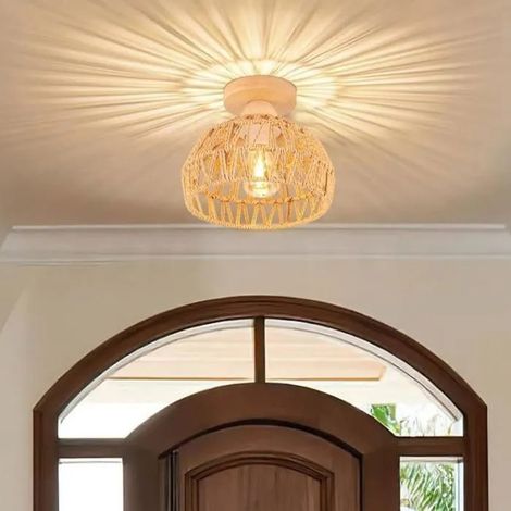 Plafonnier Vintage Industrielle Lustre en Bois et Rotin Cage Abat-jour Lampe de Plafond E27 Éclairage pour Entrée Couloir (1/5)