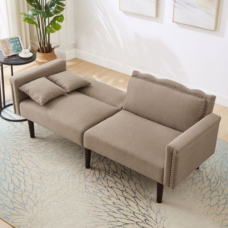 Sofá cama multifuncional 2 en 1, doble de algodón y lino marrón, con respaldo doble ajustable independientemente, perfecto para relajarse en casa o recibir invitados. (1/5)