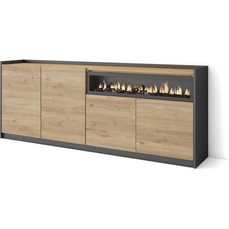Skraut Home - Aparadores para salón, 207x37x80cm, 4 Puertas, Chimenea eléctrica, Roble y negro (1/5)