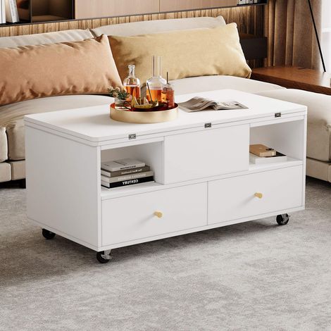 Table basse relevable 100x50 cm blanche, hauteur 47,5-62 cm, plateau extensible, 4 tiroirs et roulettes (1/5)