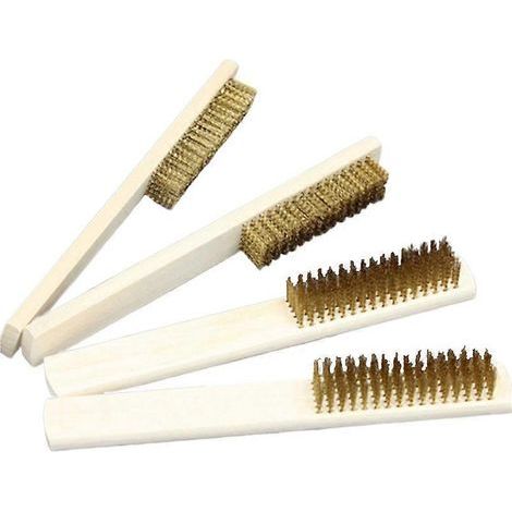 Set mit 4 tragbaren Bürsten mit Holzgriffen und Kupferdraht, praktische Reinigungshelfer für Küche und Haushalt. – M (1/3)