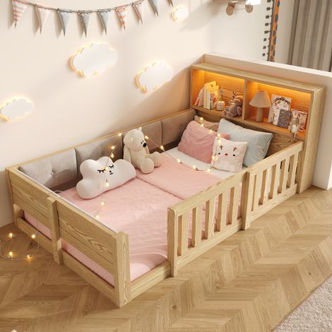 Letto bambino 90x200 cm con LED e contenitore, barriera di sicurezza, struttura stabile, peluche - naturale (1/5)