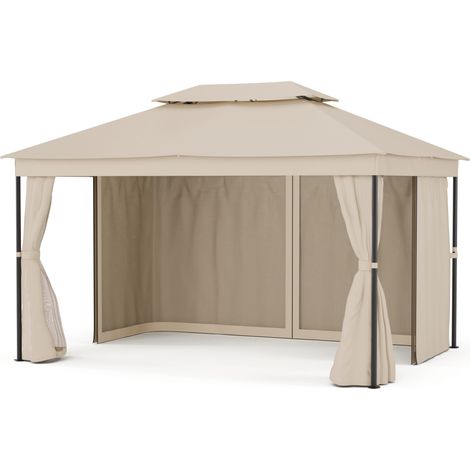 Blumfeldt Mondo Dual Pavillon 3x4 Doppeldach & Moskitonetze, Rostfreier Metallrahmen, Wetterfeste Überdachung, Gartenpavillon, Beige