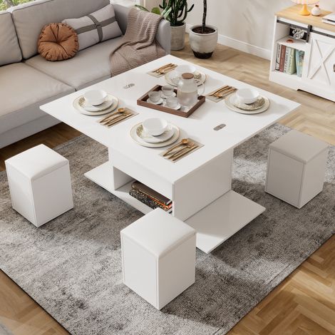 Table basse relevable 100x100 cm, Table de salon multifonction 3 en 1 avec 4 poufs et rangement, Moderne pour salon, Blanc (1/5)