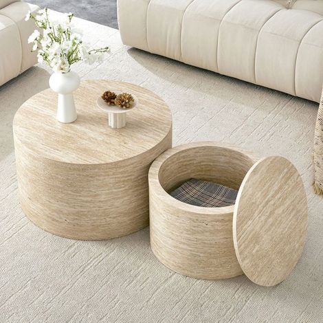 Table basse avec rangement diamètre 44 cm diamètre 44 cm lot de 2 pièces format gigogne aspect bois mdf dessus amovible compartiment (1/5)