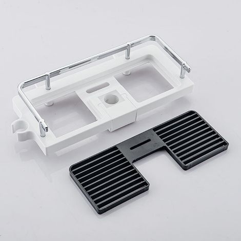 Tablette Support Douche, Etagère Douche Télescopique,Etagère de Salle de Bain Aluminium Antirouille,Montage Sans Perçage,Adapte Le Rail de 24-25mm,Avec Deux Crochets et Crochet de Pomme de Douche (1/5)