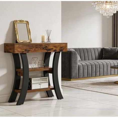 Console d'entrée 3 niveaux 105 x 30 x 80 cm en MDF et métal noir brun rustique OKWISH (1/5)