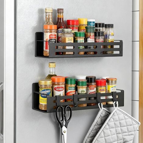 2PCS Porte-épices Magnétique, Étagère Frigo, 4 Crochets Amovibles, Acier Inoxydable, Cuisine (1/5)
