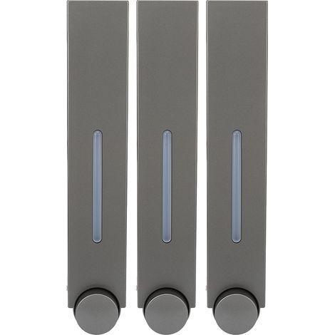 Distributeur manuel mural sans perçage pour hôtels, ensemble de 3 flacons gris métallisé 6028 pour gel douche et shampoing, avec dos adhésif.
