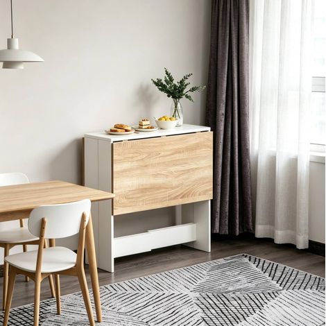 Table pliante 103x76x73,5 cm en MDF chêne et blanc, gain de place cuisine FloraGrace (1/5)