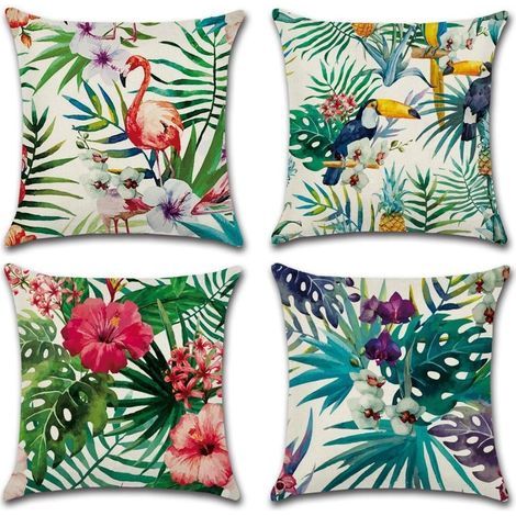 Set of 4 Tropical Plants Cotton and Linen Cushion Covers 45 x 45 cm (Lin Coton, a, 45 x 45 Centimeters) (1/5)