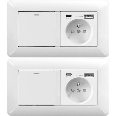 2 pièces interrupteur double module, prise murale USB/Type-C, installation facile, blanc (1/4)