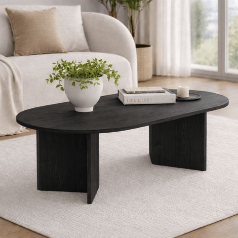 Ovaler Couchtisch aus schwarzem Melamin – Japandi – 119 x 60 cm –